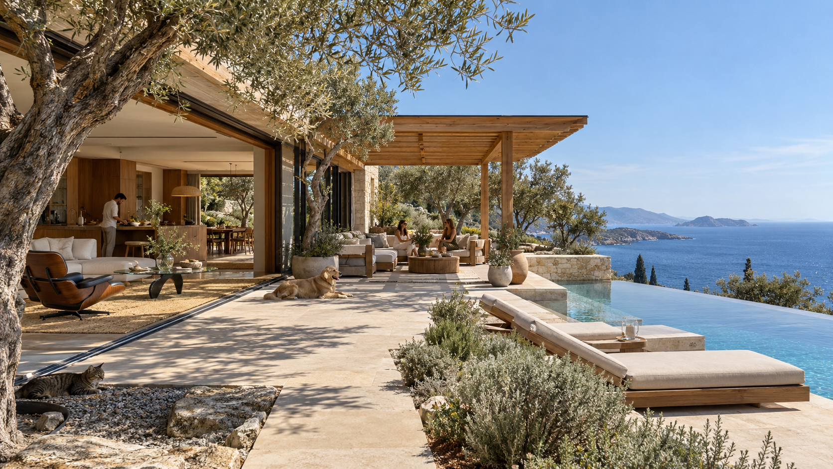 Editorial atmosphere study of the Aegean house with guests, a golden retriever and a cat