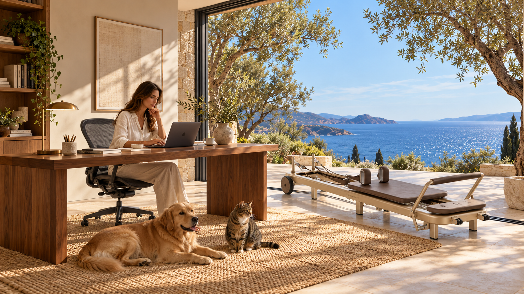 Sam’s dream home: a sea-facing office with an Aeron chair, TerraFold, a golden retriever and a cat.